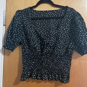black polka dot smocked puff sleeve top